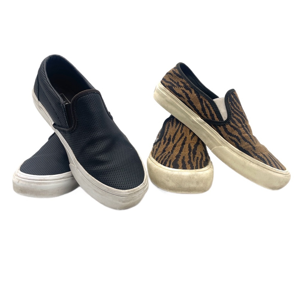 2 Pair -Vans Slip-On Safari Stripes & Black Classic Perforated Leather Sneaker 7